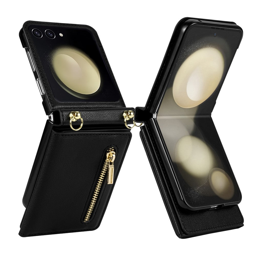 For Samsung Galaxy Z Flip7 5G Case Zipper Wallet PU + TPU + PC Phone Cover with Shoulder Strap