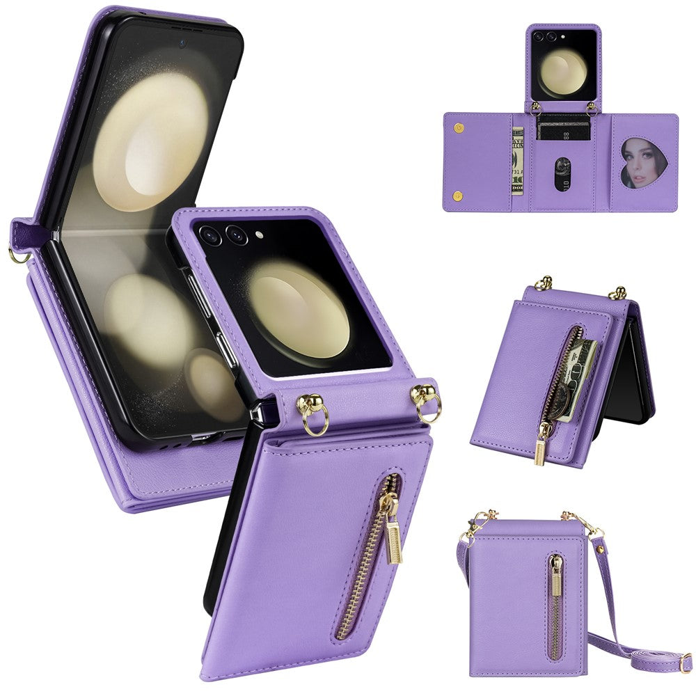 For Samsung Galaxy Z Flip7 5G Case Zipper Wallet PU + TPU + PC Phone Cover with Shoulder Strap