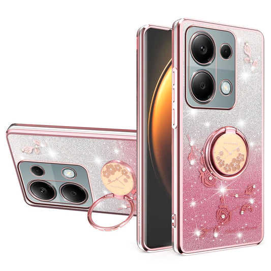 Xiaomi Redmi Note 13 Pro 4G / Xiaomi Poco M6 Pro 4G / Xiaomi Redmi Note 14S 4G Handyhülle – KADEM Note 14S 4G / Poco M6 Pro 4G Ring Kickstand TPU Blumen Farbverlauf Glitzer