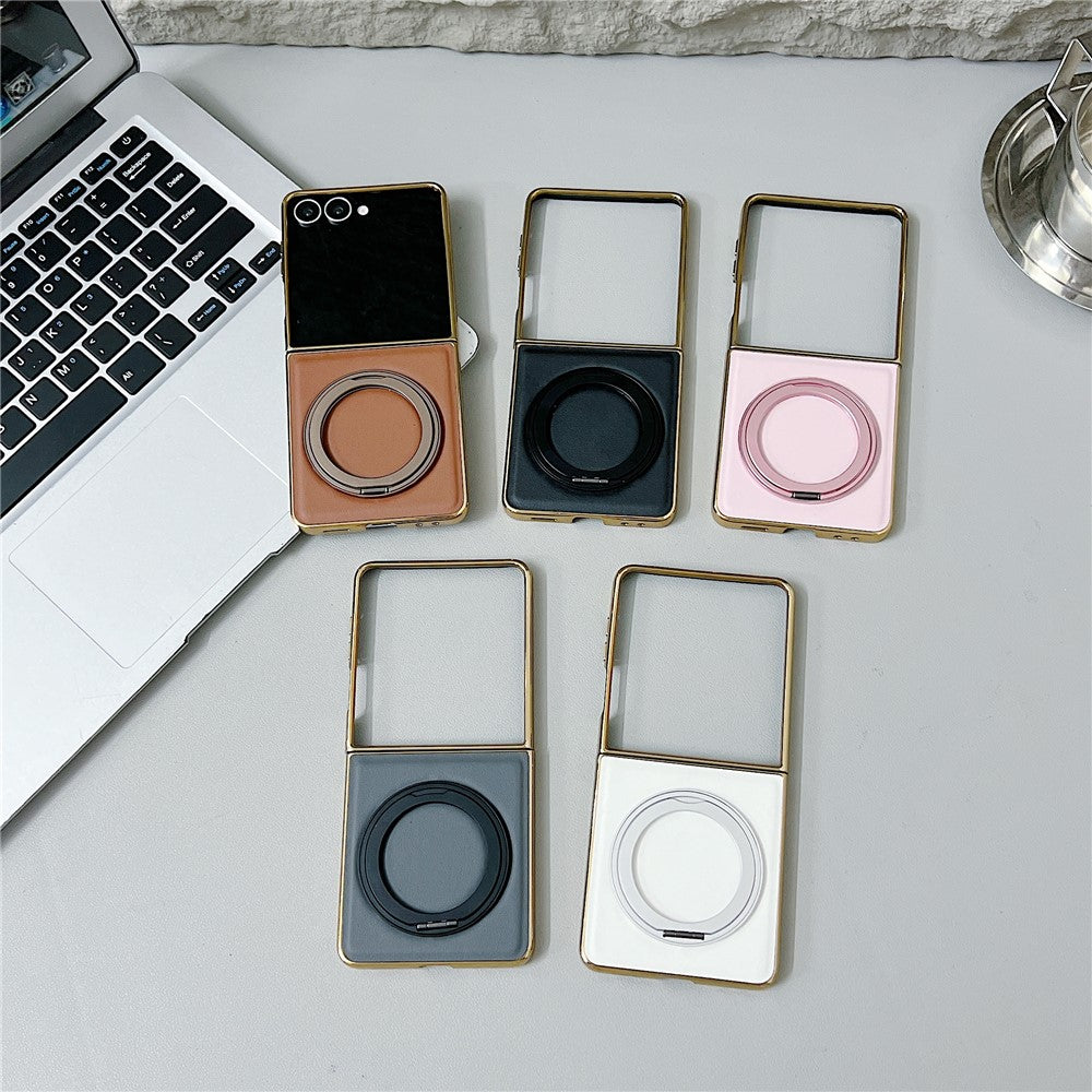 For Samsung Galaxy Z Flip7 5G Magnetic Case with Rotating Kickstand Nappa Texture PU TPU PC Phone Back Cover