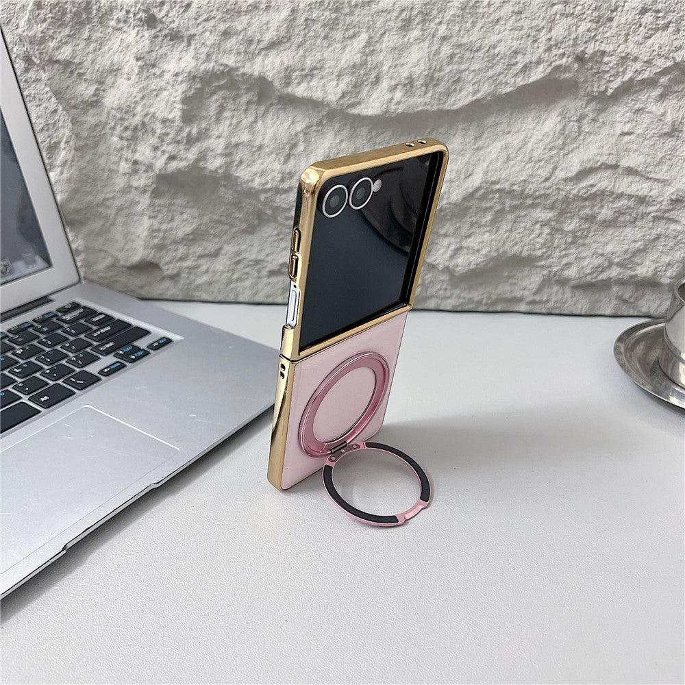 For Samsung Galaxy Z Flip7 5G Magnetic Case with Rotating Kickstand Nappa Texture PU TPU PC Phone Back Cover