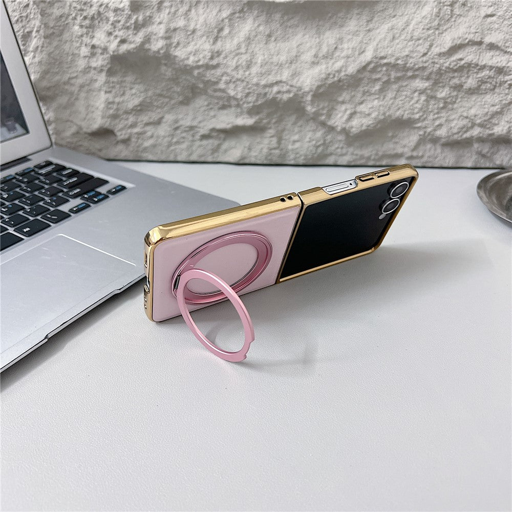For Samsung Galaxy Z Flip7 5G Magnetic Case with Rotating Kickstand Nappa Texture PU TPU PC Phone Back Cover