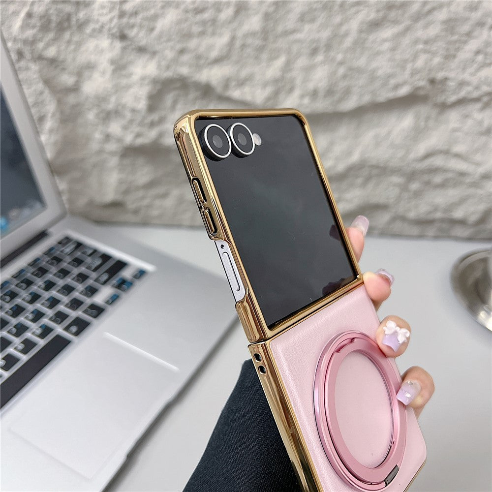 For Samsung Galaxy Z Flip7 5G Magnetic Case with Rotating Kickstand Nappa Texture PU TPU PC Phone Back Cover