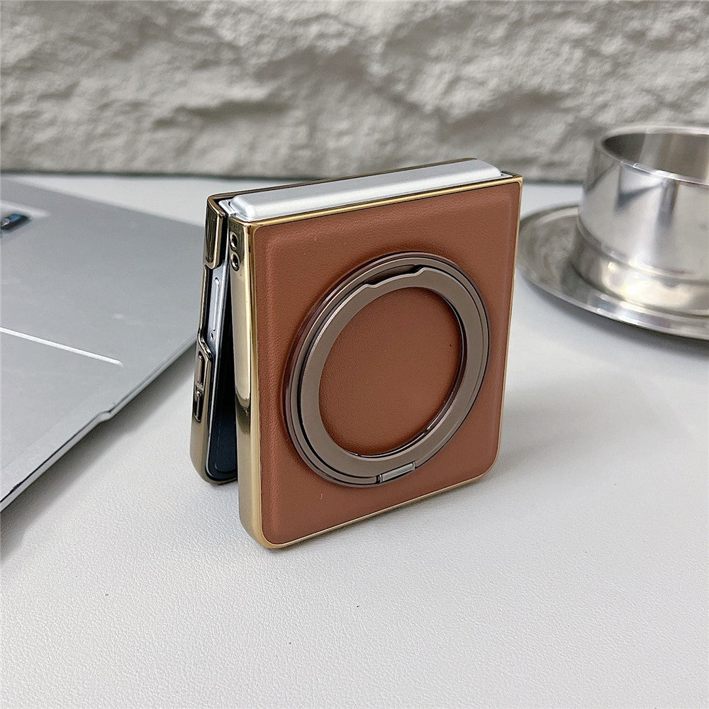 For Samsung Galaxy Z Flip7 5G Magnetic Case with Rotating Kickstand Nappa Texture PU TPU PC Phone Back Cover