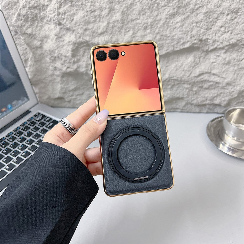 For Samsung Galaxy Z Flip7 5G Magnetic Case with Rotating Kickstand Nappa Texture PU TPU PC Phone Back Cover