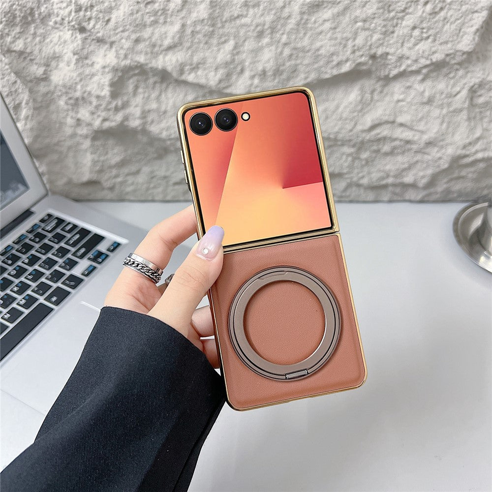 For Samsung Galaxy Z Flip7 5G Magnetic Case with Rotating Kickstand Nappa Texture PU TPU PC Phone Back Cover
