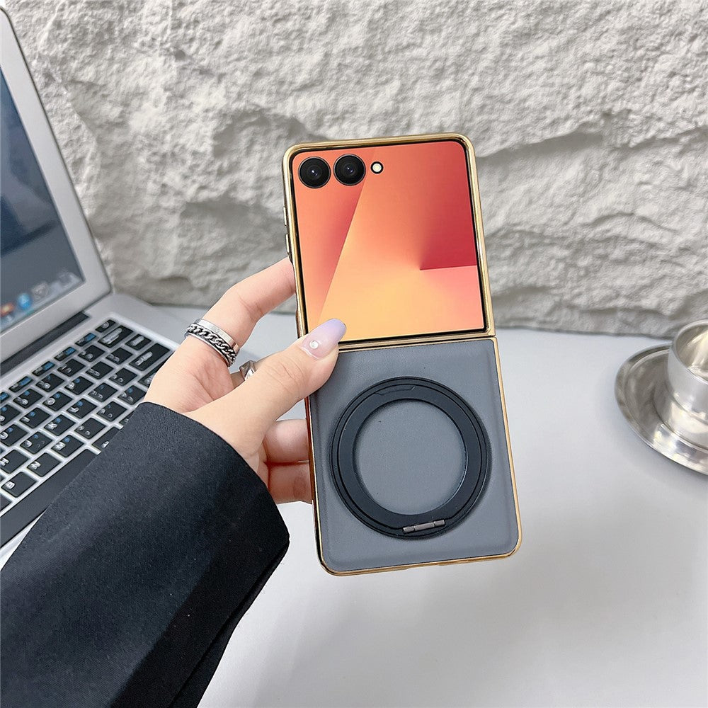 For Samsung Galaxy Z Flip7 5G Magnetic Case with Rotating Kickstand Nappa Texture PU TPU PC Phone Back Cover