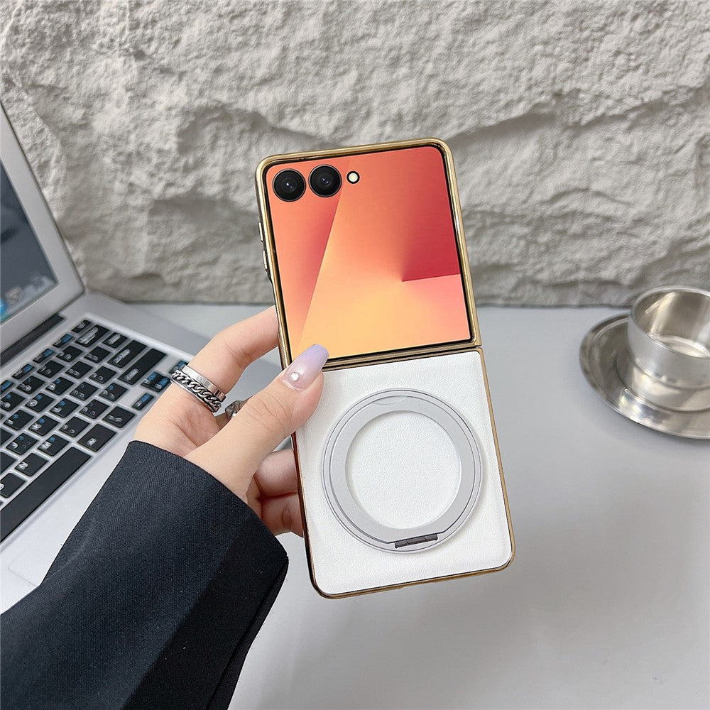 For Samsung Galaxy Z Flip7 5G Magnetic Case with Rotating Kickstand Nappa Texture PU TPU PC Phone Back Cover