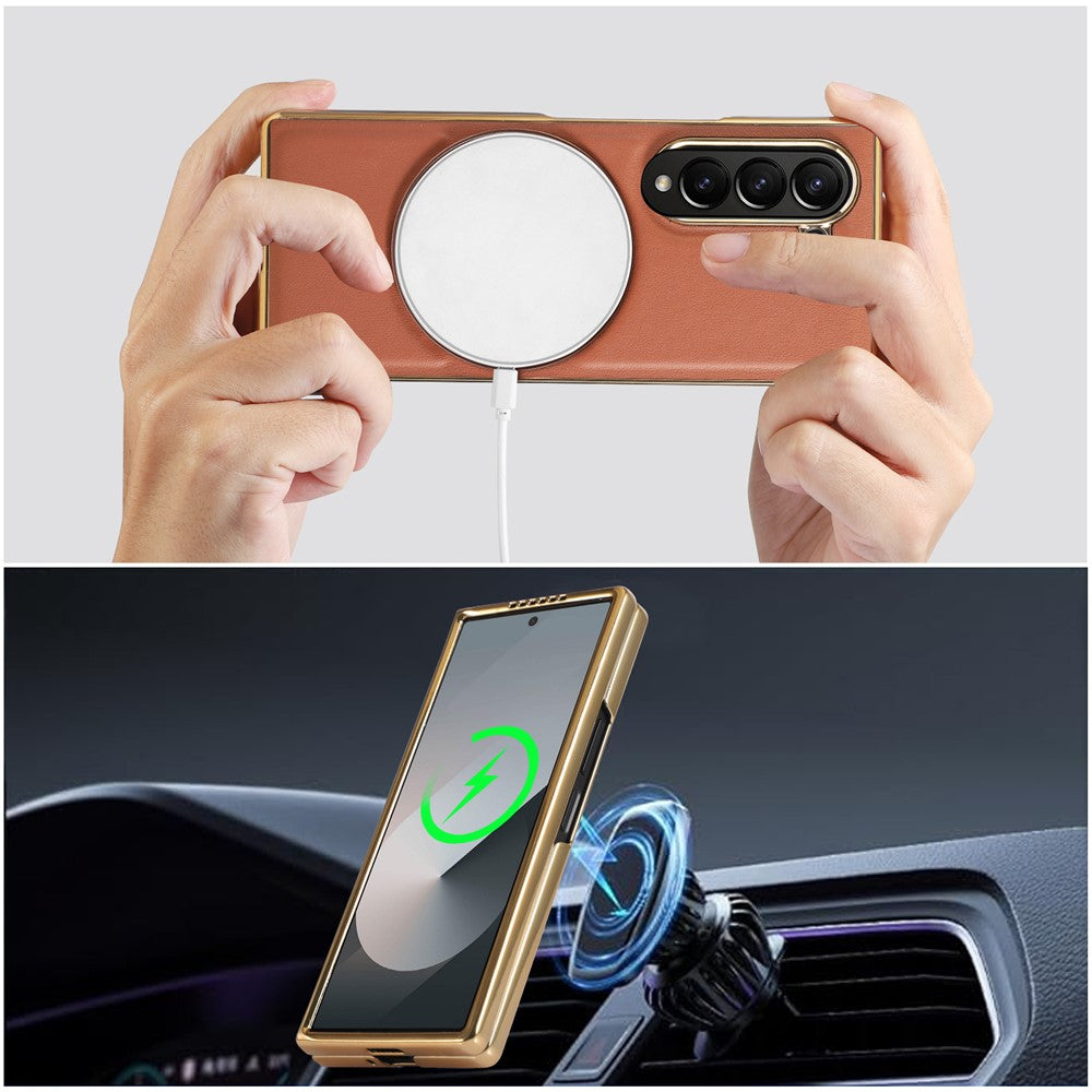 For Samsung Galaxy Z Fold7 5G Magnetic Case with Rotating Kickstand Nappa Texture PU TPU PC Phone Back Cover