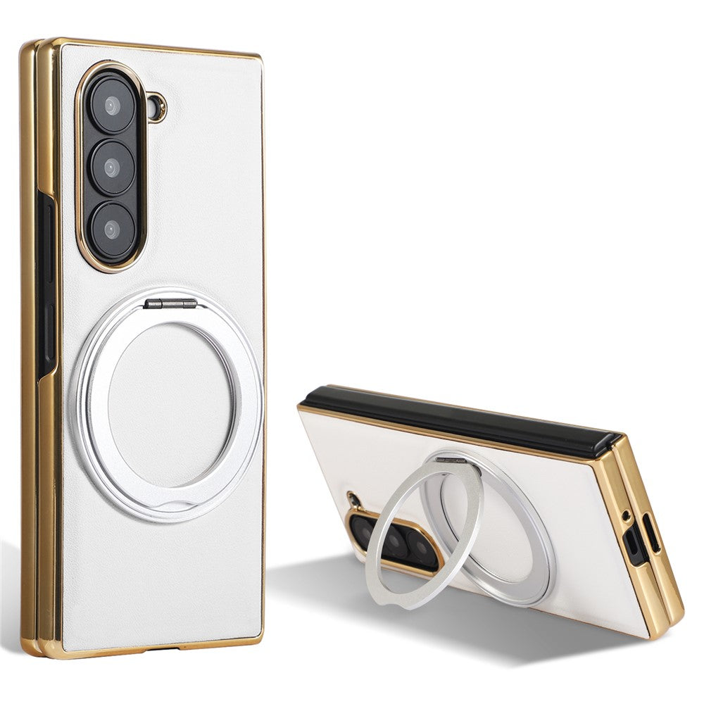 For Samsung Galaxy Z Fold7 5G Magnetic Case with Rotating Kickstand Nappa Texture PU TPU PC Phone Back Cover