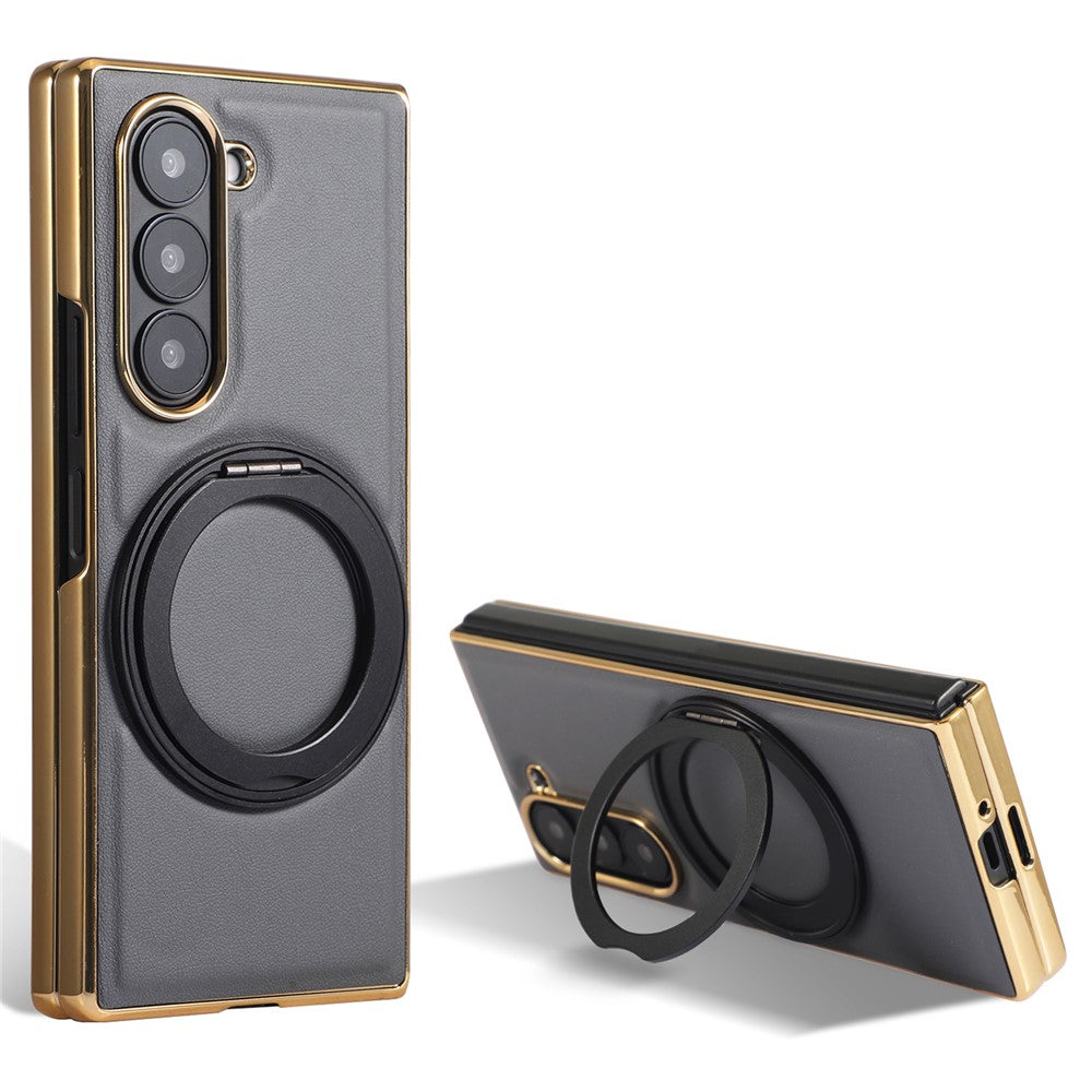 For Samsung Galaxy Z Fold6 5G Magnetic Case with Rotating Kickstand Nappa Texture PU TPU PC Phone Back Cover