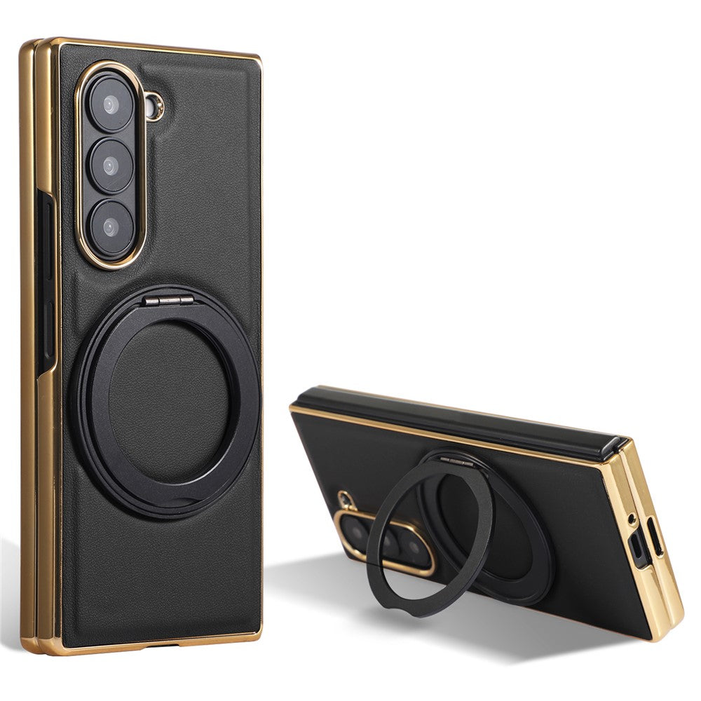 For Samsung Galaxy Z Fold6 5G Magnetic Case with Rotating Kickstand Nappa Texture PU TPU PC Phone Back Cover