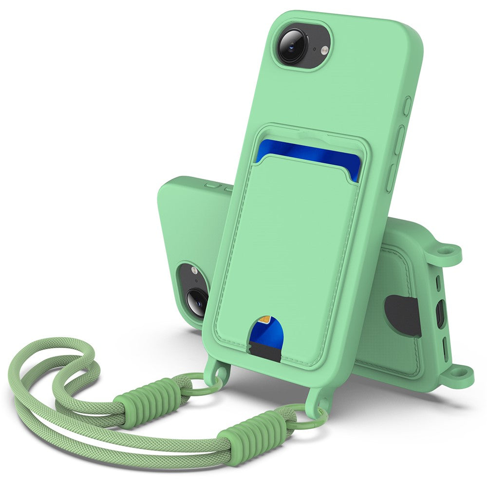 iPhone 16e Silikonhülle – Sanft & mit Kartenhalter und kurzem Riemen