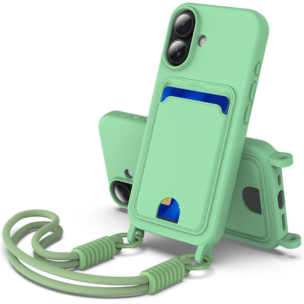 iPhone 16 Plus Silikonhülle – Sanft & mit Kartenhalter und kurzem Riemen
