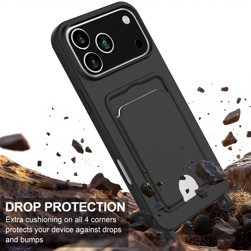 iPhone 17 Pro Silikonhülle – Sanft & mit Kartenhalter und kurzem Riemen