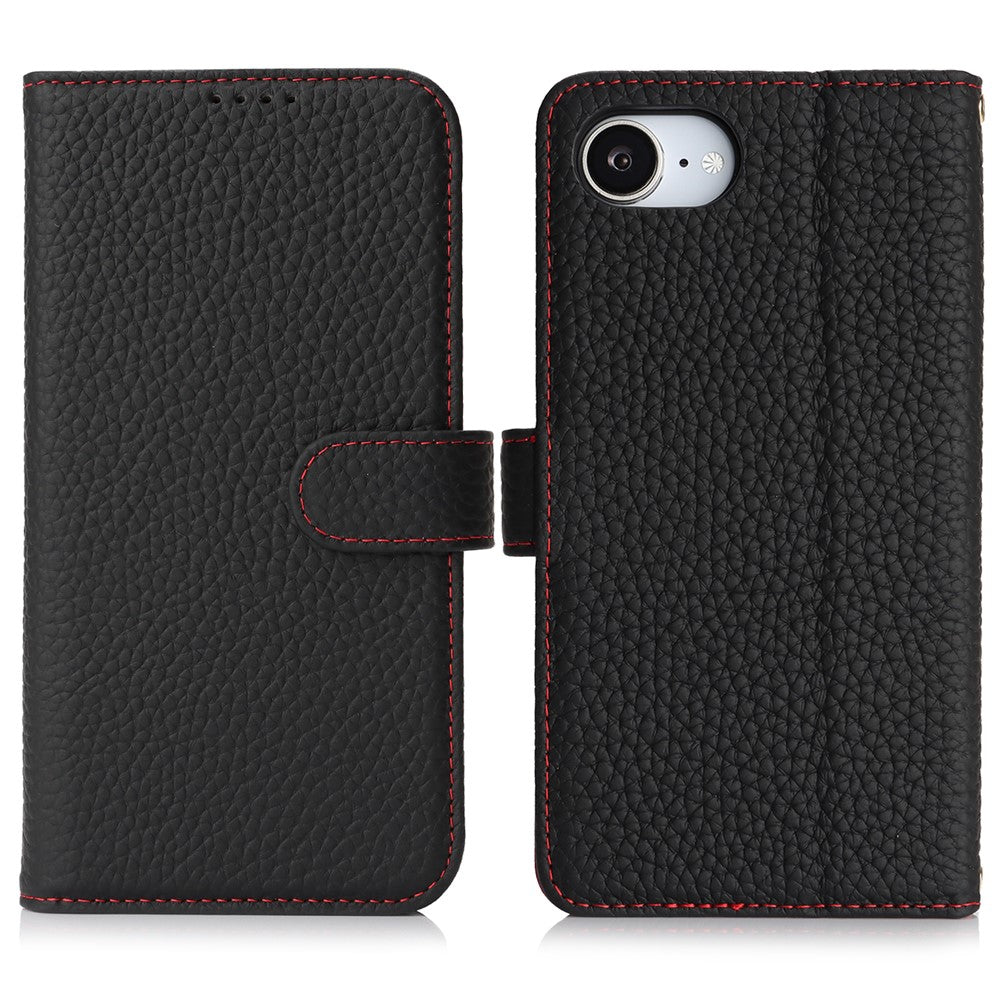For iPhone 17e / 16e Stand Case Litchi Texture Genuine Cow Leather Wallet Phone Cover RFID Blocking