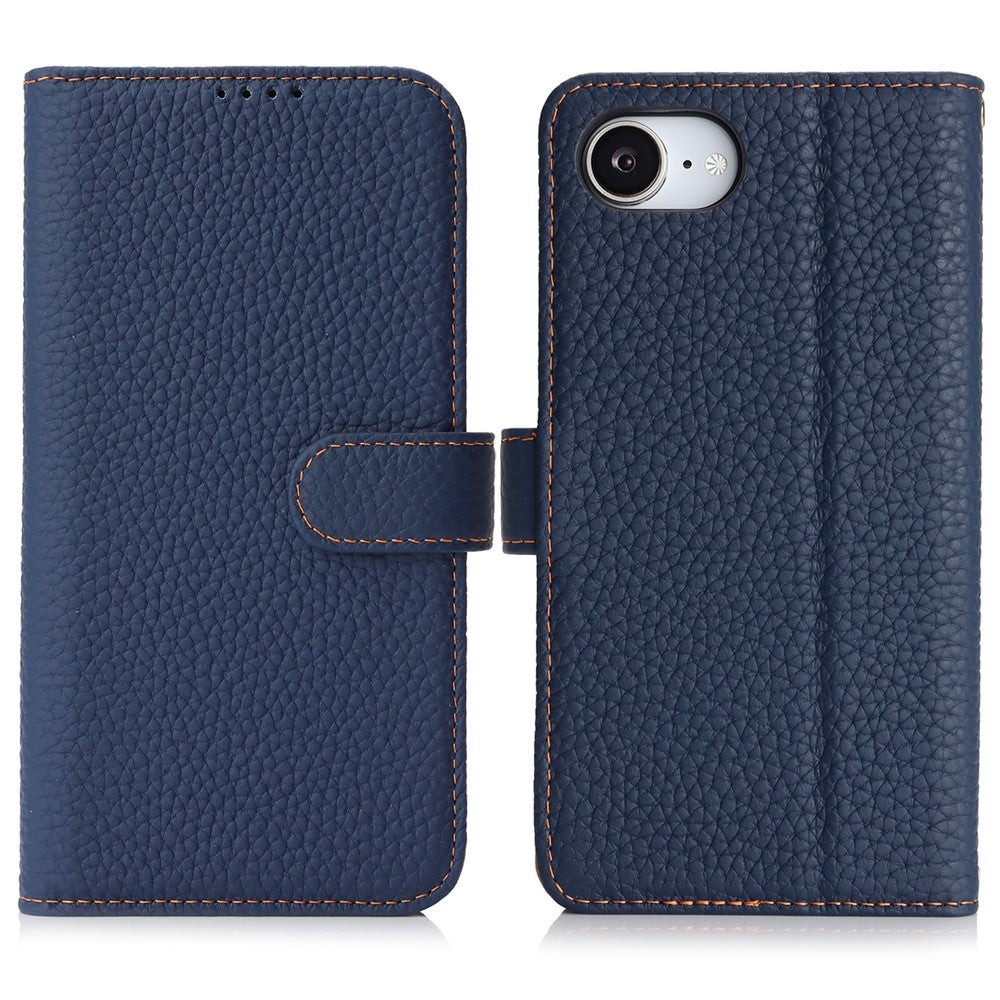 For iPhone 17e / 16e Stand Case Litchi Texture Genuine Cow Leather Wallet Phone Cover RFID Blocking