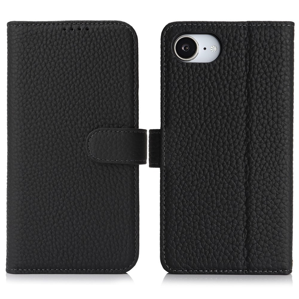 For iPhone 17e / 16e Stand Case Litchi Texture Genuine Cow Leather Wallet Phone Cover RFID Blocking