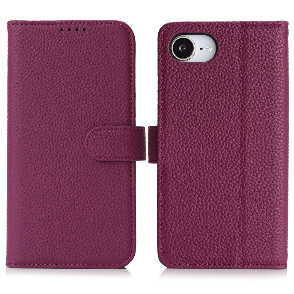 For iPhone 17e / 16e Stand Case Litchi Texture Genuine Cow Leather Wallet Phone Cover RFID Blocking