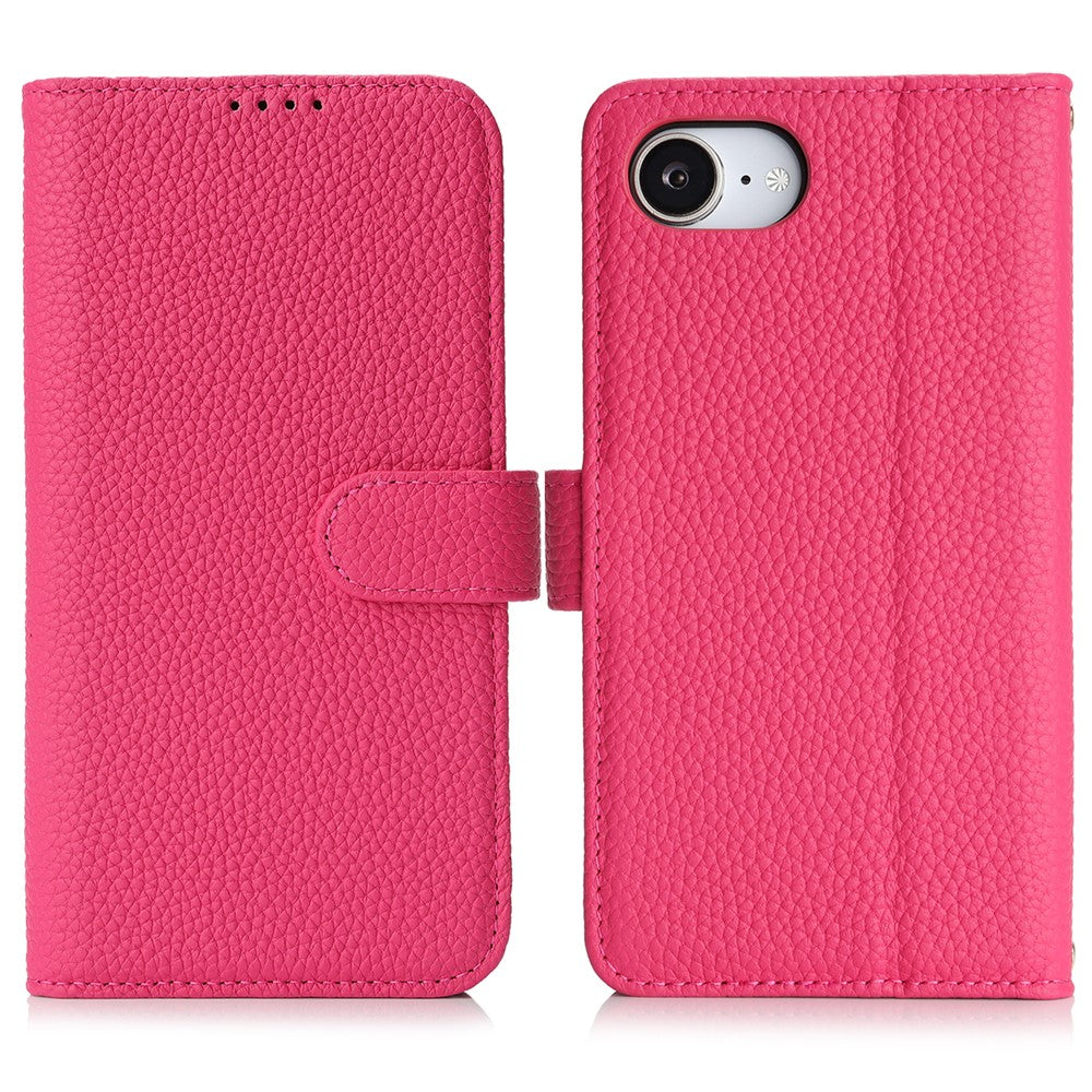 For iPhone 17e / 16e Stand Case Litchi Texture Genuine Cow Leather Wallet Phone Cover RFID Blocking