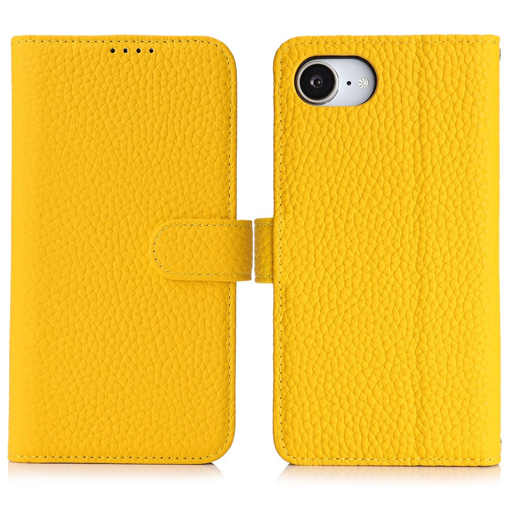 For iPhone 17e / 16e Stand Case Litchi Texture Genuine Cow Leather Wallet Phone Cover RFID Blocking