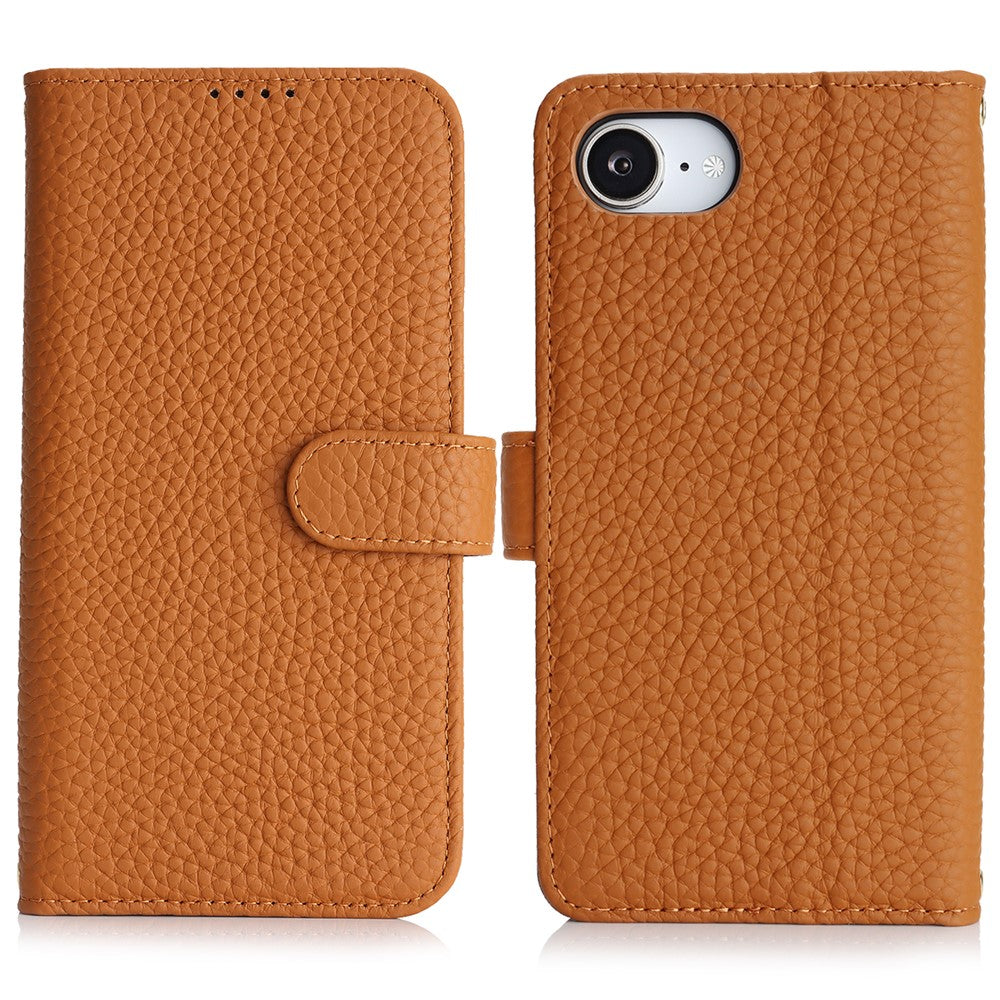 For iPhone 17e / 16e Stand Case Litchi Texture Genuine Cow Leather Wallet Phone Cover RFID Blocking