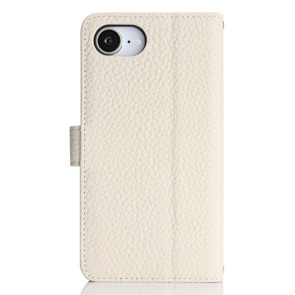 For iPhone 17e / 16e Stand Case Litchi Texture Genuine Cow Leather Wallet Phone Cover RFID Blocking