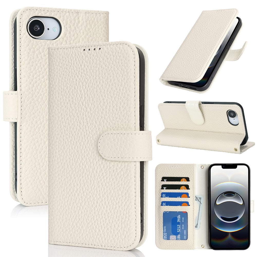 For iPhone 17e / 16e Stand Case Litchi Texture Genuine Cow Leather Wallet Phone Cover RFID Blocking