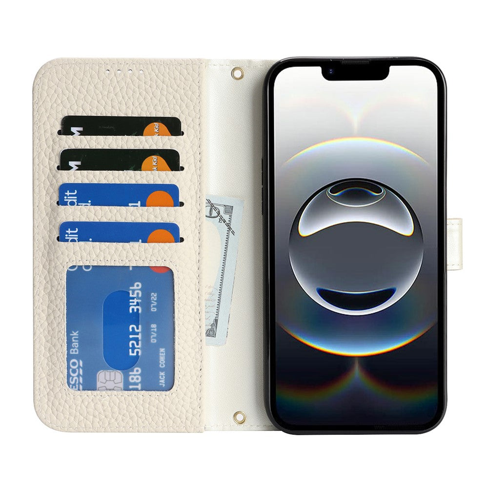For iPhone 17e / 16e Stand Case Litchi Texture Genuine Cow Leather Wallet Phone Cover RFID Blocking