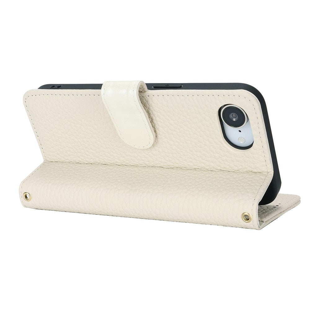 For iPhone 17e / 16e Stand Case Litchi Texture Genuine Cow Leather Wallet Phone Cover RFID Blocking