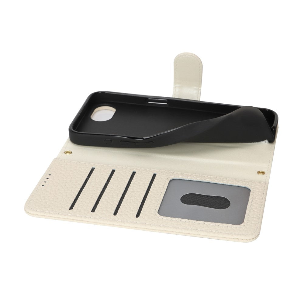 For iPhone 17e / 16e Stand Case Litchi Texture Genuine Cow Leather Wallet Phone Cover RFID Blocking
