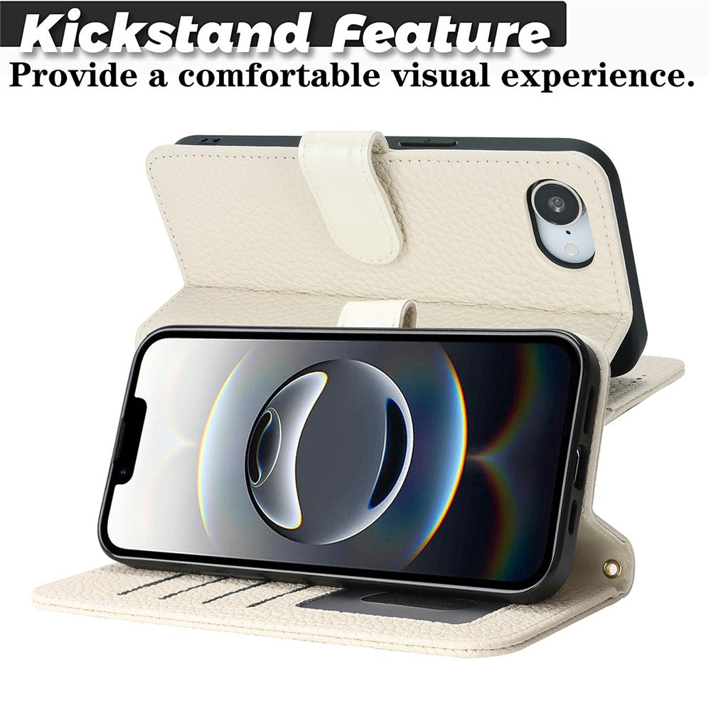 For iPhone 17e / 16e Stand Case Litchi Texture Genuine Cow Leather Wallet Phone Cover RFID Blocking