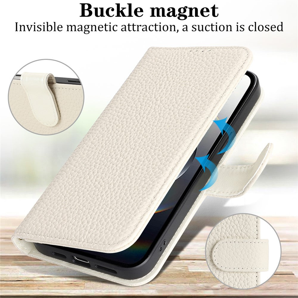 For iPhone 17e / 16e Stand Case Litchi Texture Genuine Cow Leather Wallet Phone Cover RFID Blocking
