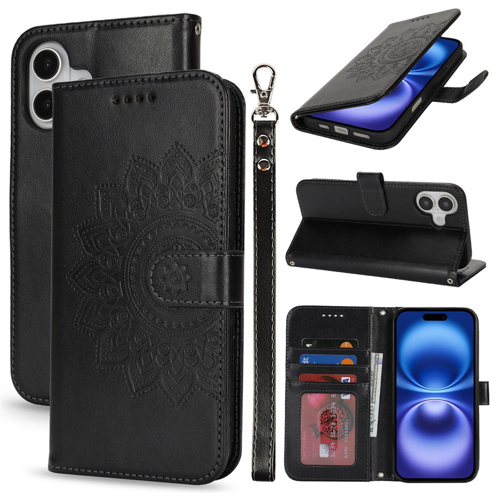 iPhone 16 Wallet-Hülle – Mit Musterdruck, Kartenfächer & Riemen