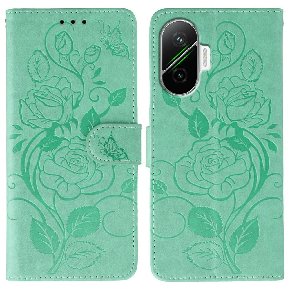 For Xiaomi Poco F7 5G  /  Redmi Turbo 4 Pro 5G Case Wallet Stand Imprinted Rose Butterfly PU Leather Phone Cover