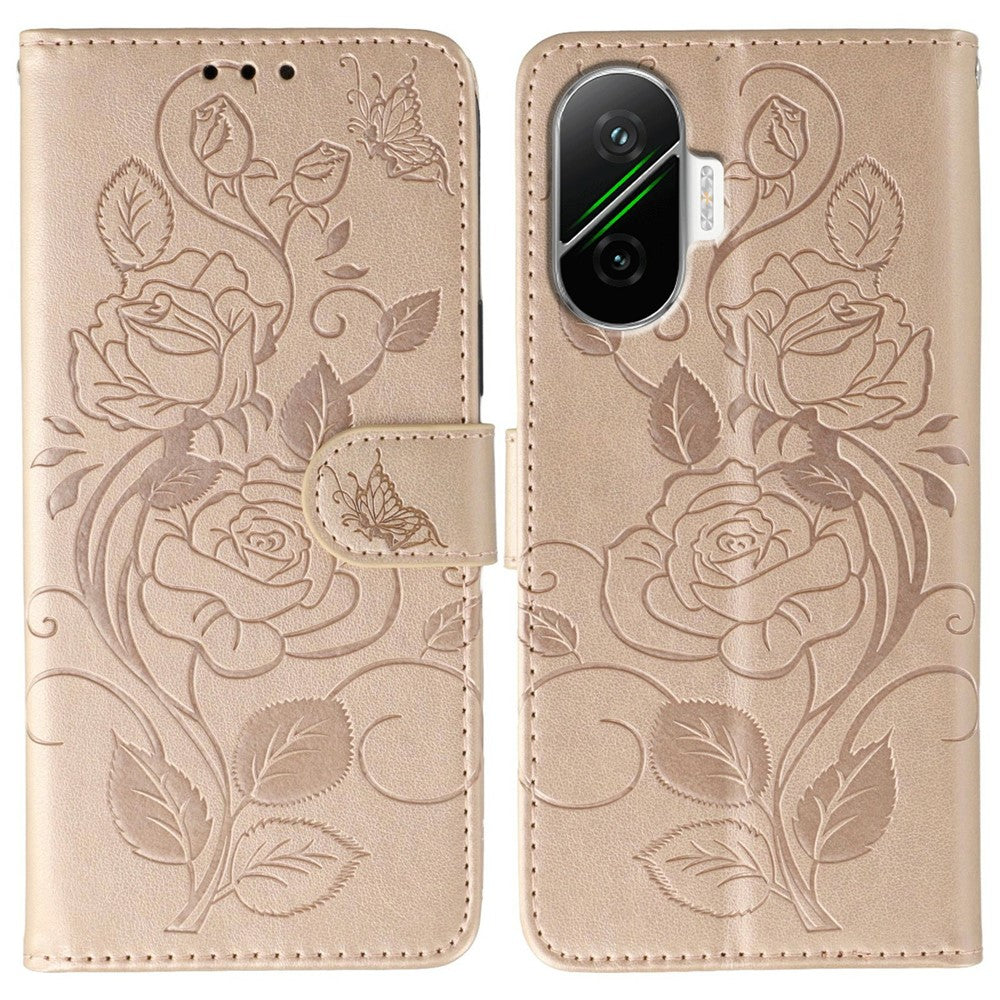 For Xiaomi Poco F7 5G  /  Redmi Turbo 4 Pro 5G Case Wallet Stand Imprinted Rose Butterfly PU Leather Phone Cover