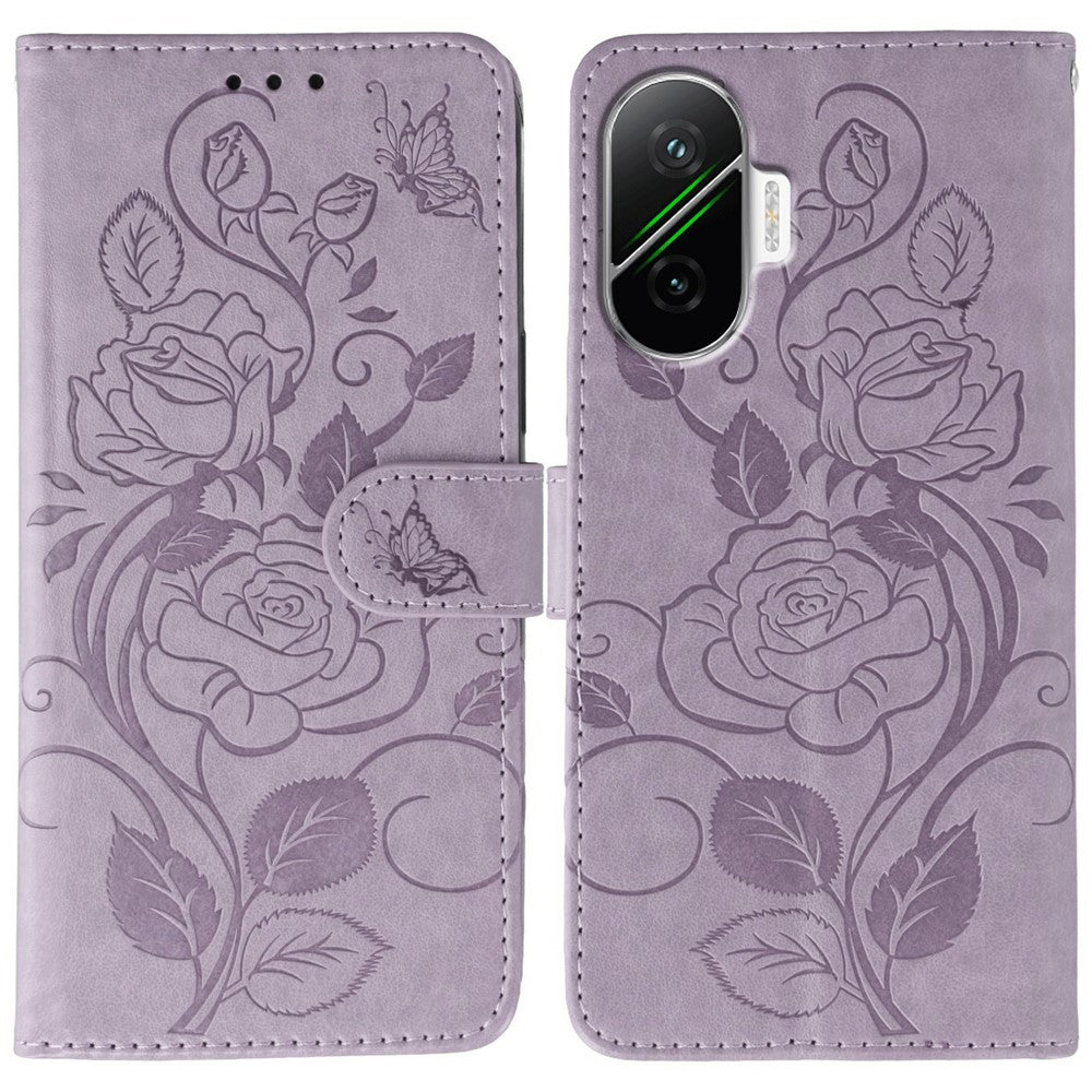 For Xiaomi Poco F7 5G  /  Redmi Turbo 4 Pro 5G Case Wallet Stand Imprinted Rose Butterfly PU Leather Phone Cover