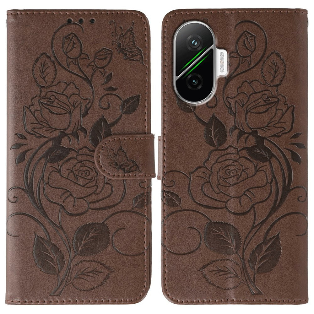 For Xiaomi Poco F7 5G  /  Redmi Turbo 4 Pro 5G Case Wallet Stand Imprinted Rose Butterfly PU Leather Phone Cover