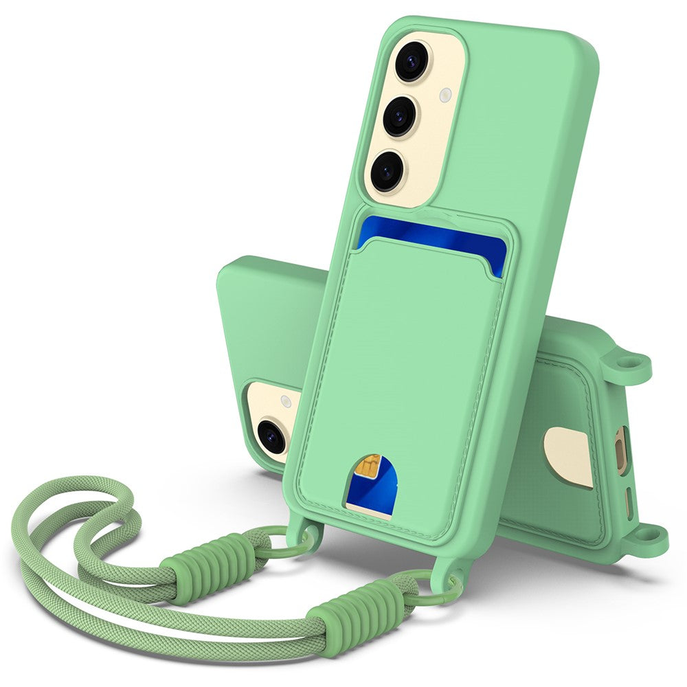 Galaxy S25 Silikonhülle – Sanft & mit Kartenhalter und kurzem Riemen