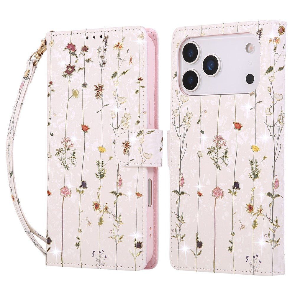 For iPhone 18 Pro / 17 Pro Case RFID Blocking Flower Leather Phone Cover with Wrist Strap