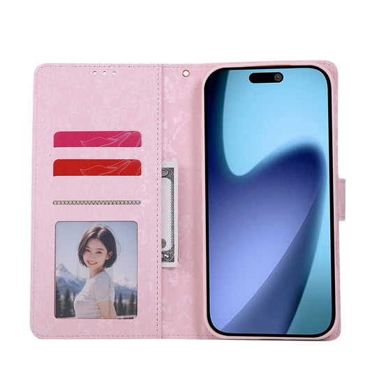 For iPhone 18 Pro / 17 Pro Case RFID Blocking Flower Leather Phone Cover with Wrist Strap