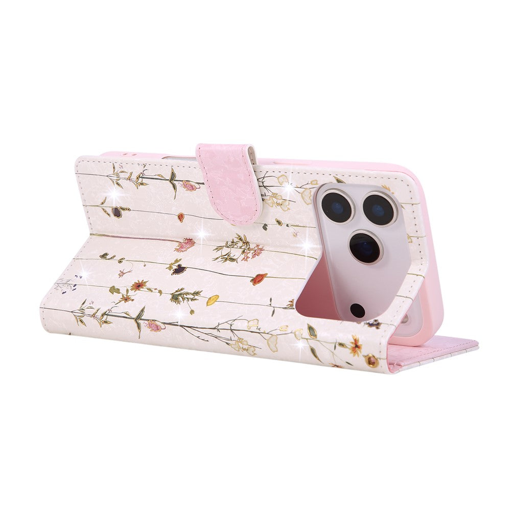 For iPhone 18 Pro / 17 Pro Case RFID Blocking Flower Leather Phone Cover with Wrist Strap