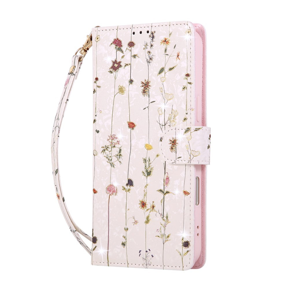 For iPhone 18 Pro / 17 Pro Case RFID Blocking Flower Leather Phone Cover with Wrist Strap