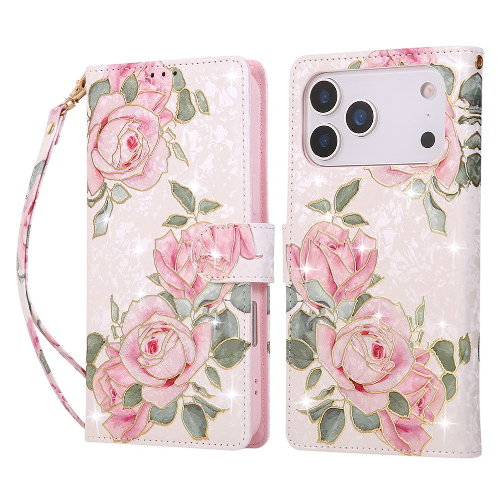 For iPhone 18 Pro / 17 Pro Case RFID Blocking Flower Leather Phone Cover with Wrist Strap
