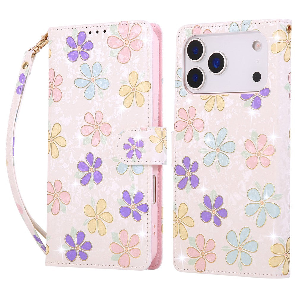 For iPhone 18 Pro / 17 Pro Case RFID Blocking Flower Leather Phone Cover with Wrist Strap
