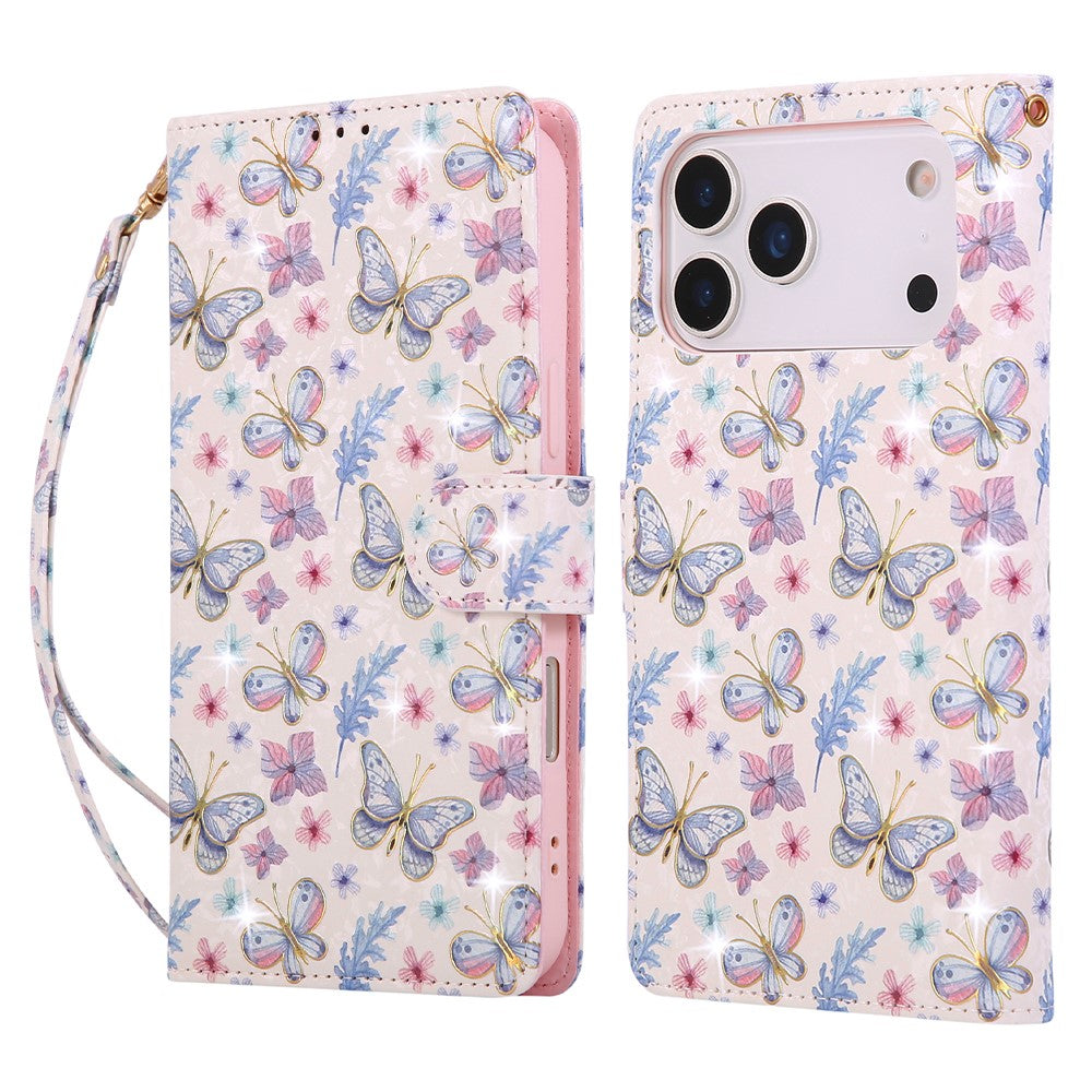 For iPhone 18 Pro / 17 Pro Case RFID Blocking Flower Leather Phone Cover with Wrist Strap