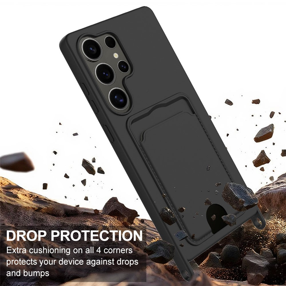 Galaxy S24 Ultra Silikonhülle – Sanft & mit Kartenhalter und kurzem Riemen