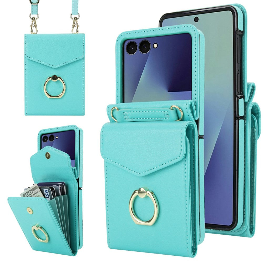 For Samsung Galaxy Z Flip7 5G Case Litchi Texture PU Leather + TPU Phone Cover with Shoulder Strap