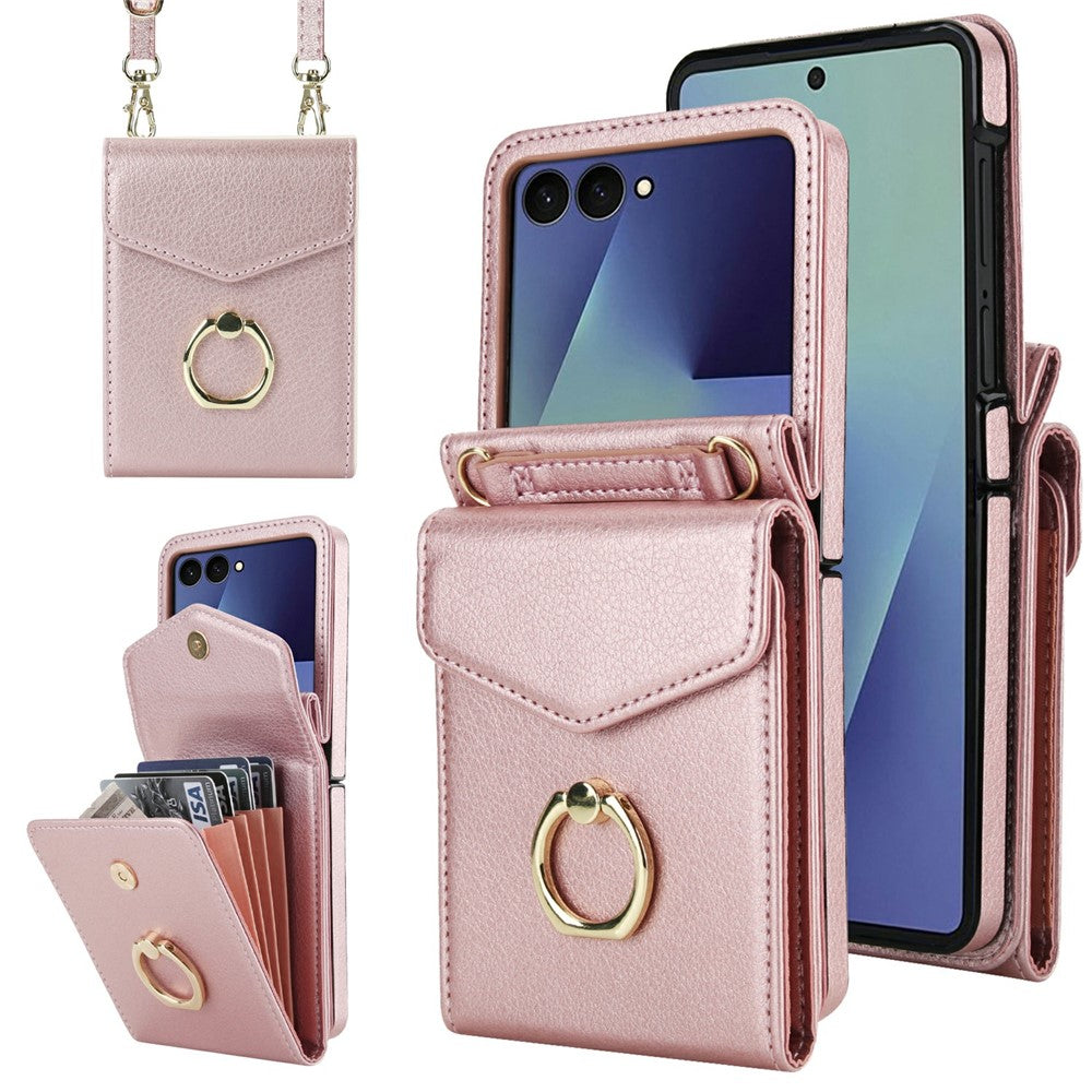 For Samsung Galaxy Z Flip7 5G Case Litchi Texture PU Leather + TPU Phone Cover with Shoulder Strap