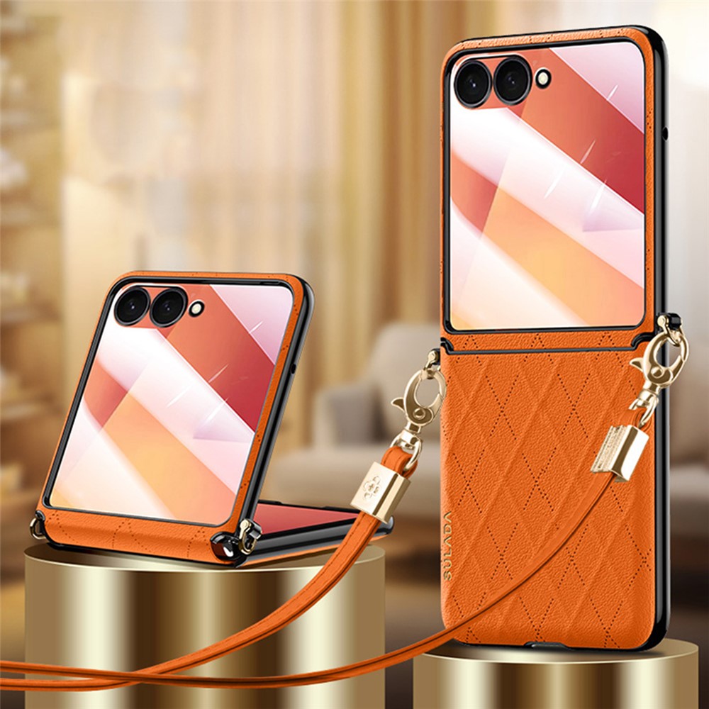 SULADA For Samsung Galaxy Z Flip7 5G Case Rhombus Leather+PC Phone Cover with Shoulder Strap